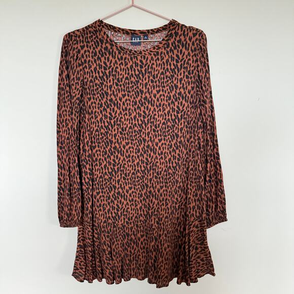 GAP Womens Flounce Hem Dress Small Brown Animal Print Long Sleeve Old Money - Picture 2 of 8